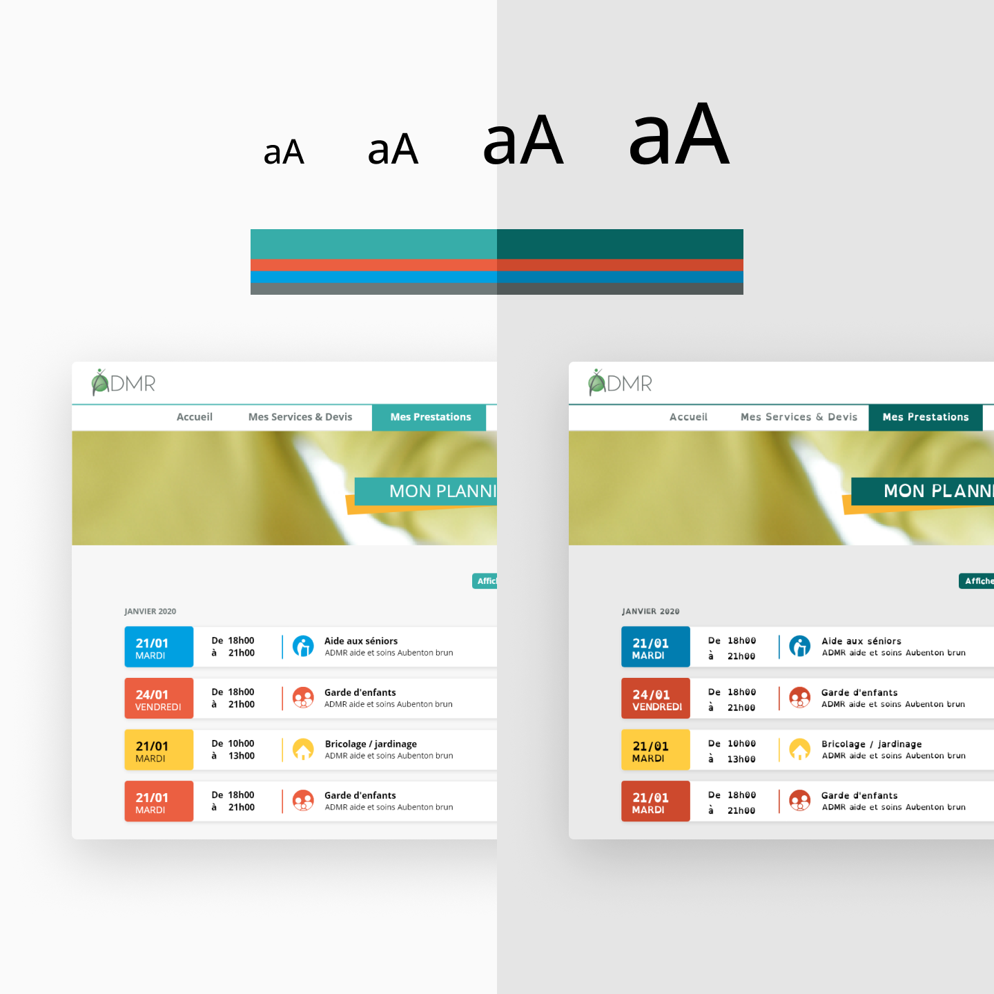 ADMR schedule: compare with/without accessibility features, highlighting contrasts and dyslexia-friendly fonts.