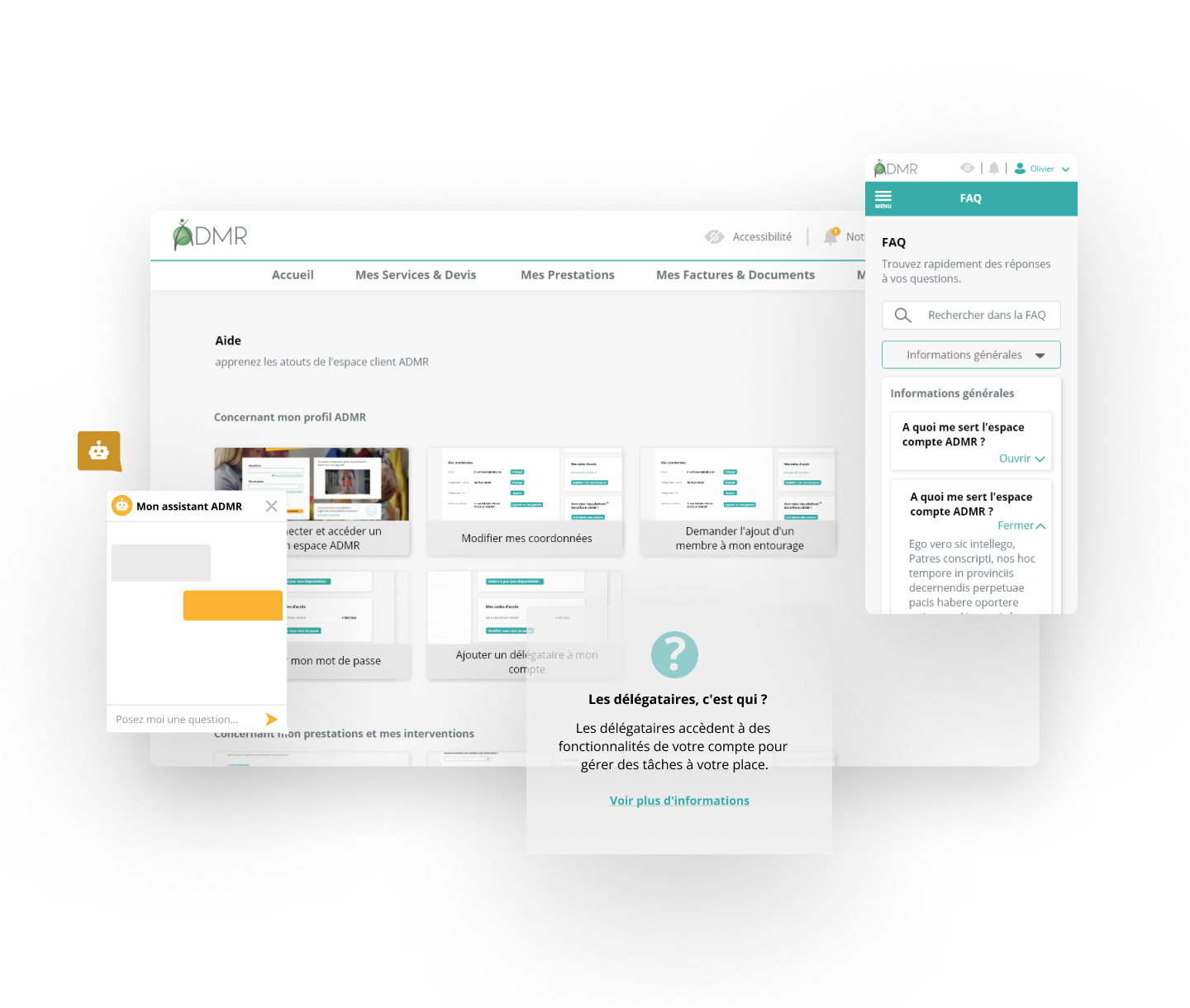 ADMR client support options: FAQs, chatbot, and information cards.