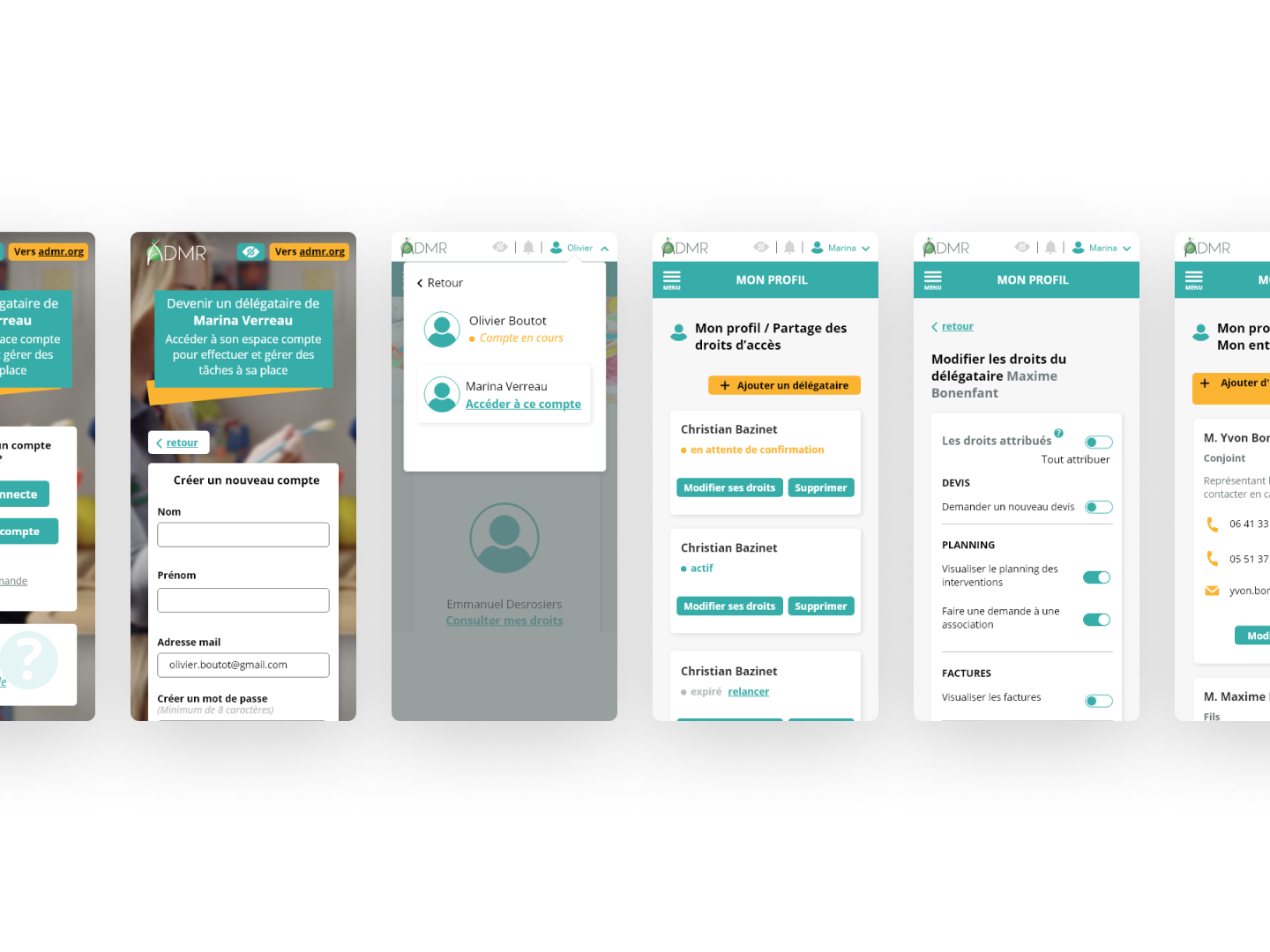 Mobile views of assisted access features for family and realtives on ADMR platform.