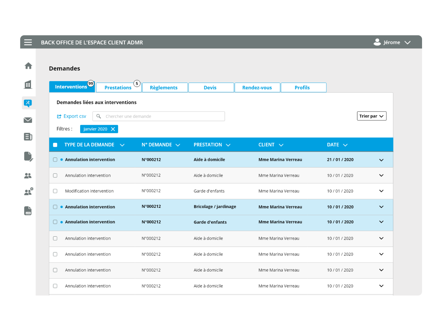 ADMR's back office platform, dektop view
