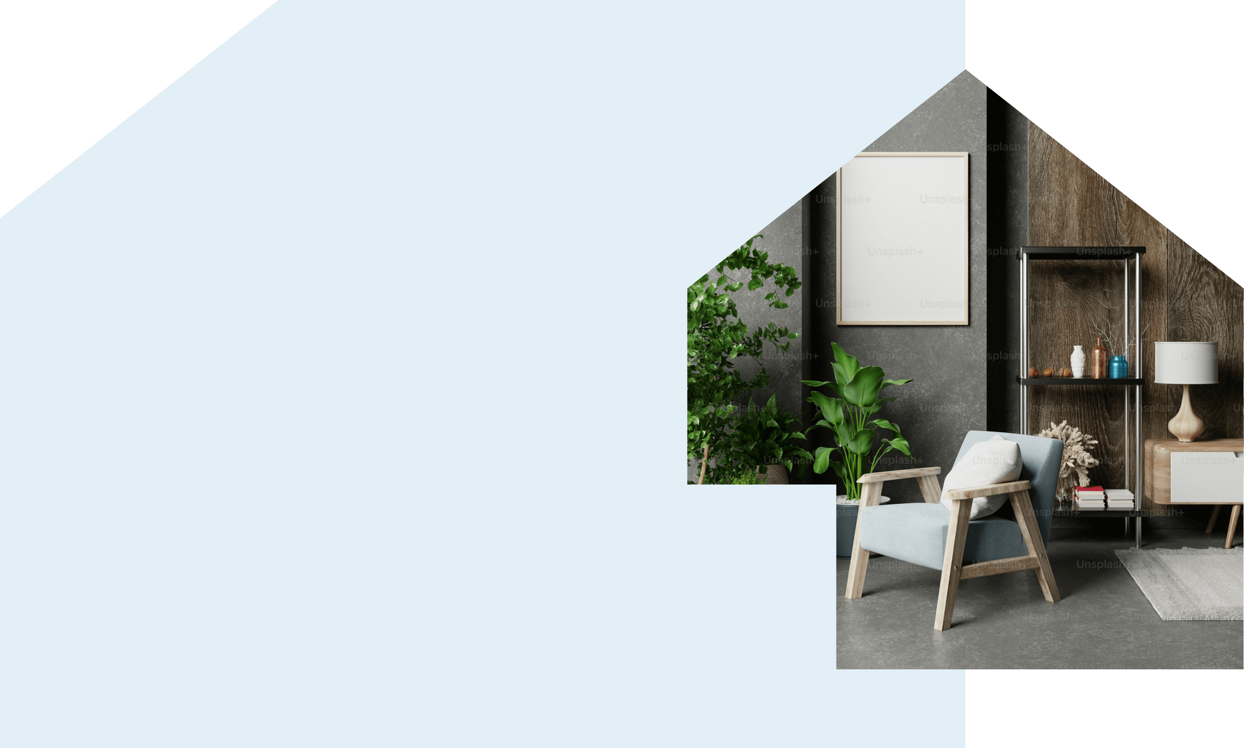 Cozy living room with an armchair, plants, and framed art against a textured wall. Shelf holds vases; side table with lamp, exuding calm and modern style.