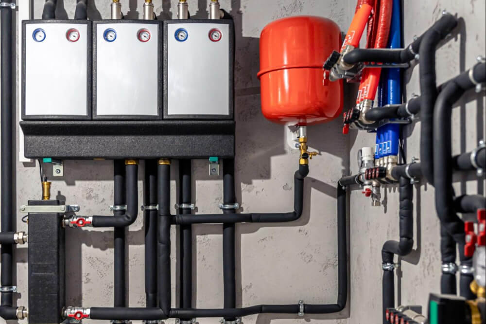 A room featuring various pipes and valves connected to a central boiler system.

