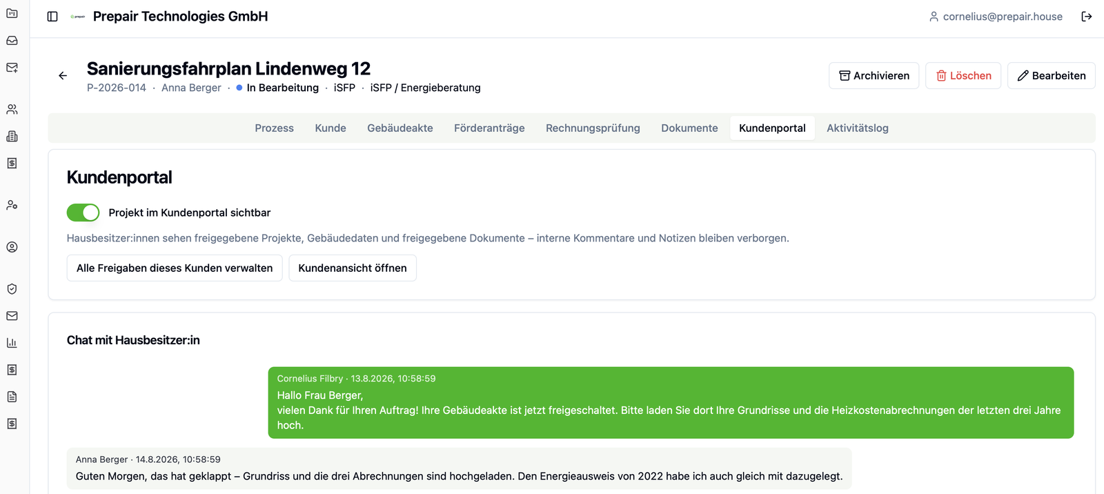 Chat mit Hausbesitzern im Kundenportal der digitalen Gebäudeakte von Prepair