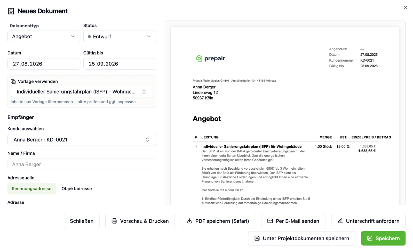 Integrierte Angebotserstellung in Prepair – Angebot für iSFP mit Live-Vorschau