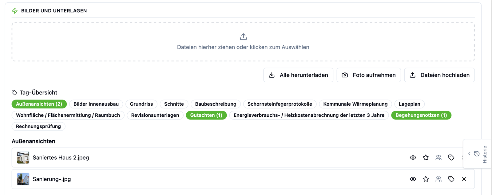 Bilder und Unterlagen mit Foto-Aufnahme direkt in der Gebäudeakte während der Begehung