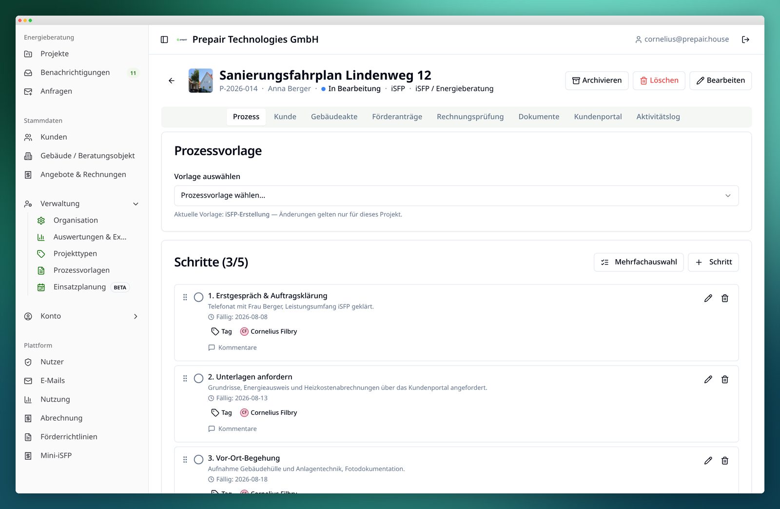 Projektansicht der digitalen Gebäudeakte mit Projektkopf, Phase und Prozessschritten