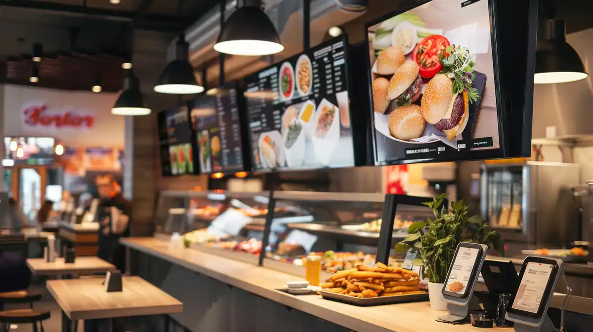 Restaurant digital signage menu boards behind a counter