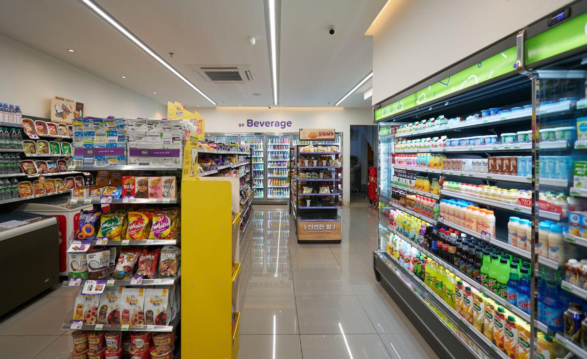 Inside convenience store aisle layout
