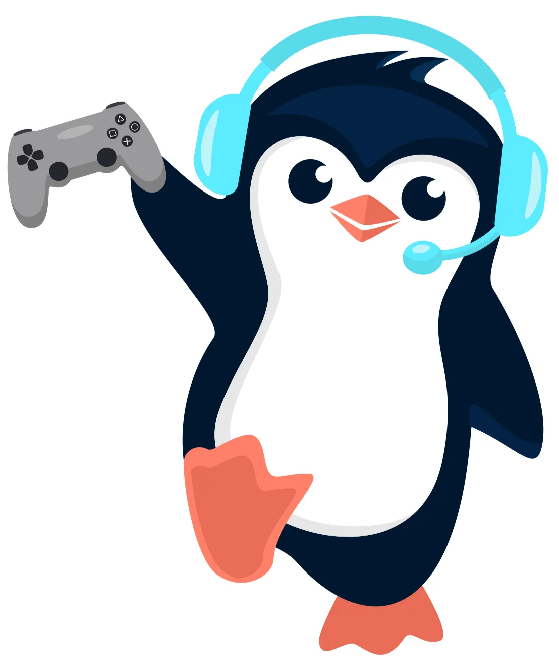 Cartoon penguin wearing blue headset and holding a gray video game controller.