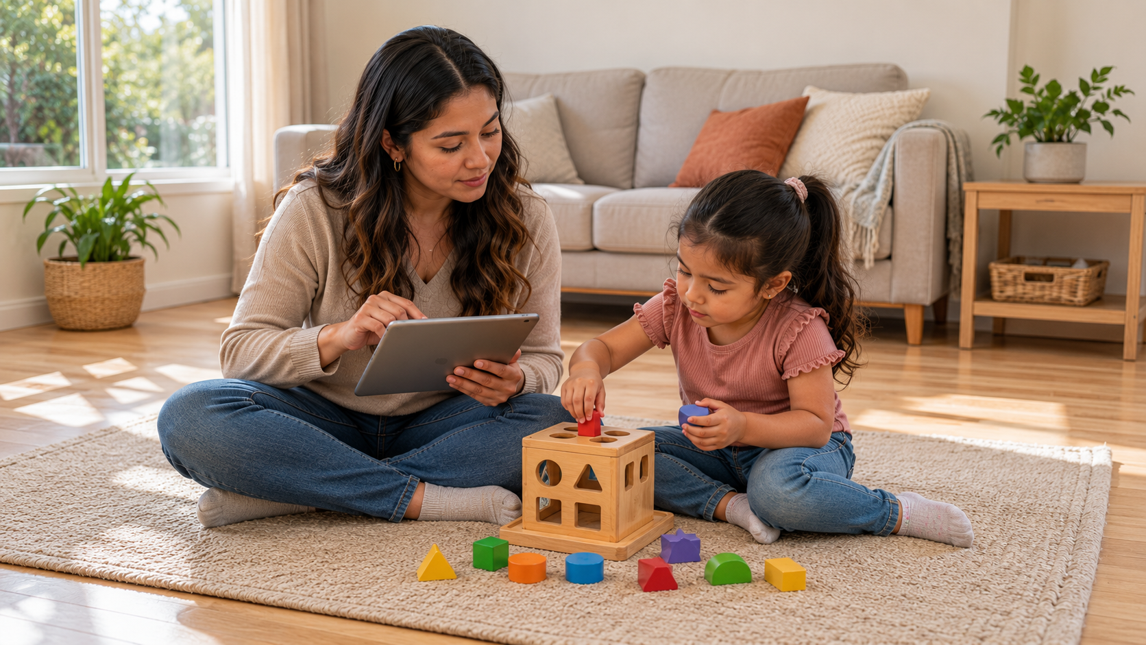 A Registered Behavior Technician collecting session data on a tablet while working with a child at Animate Behavior.
