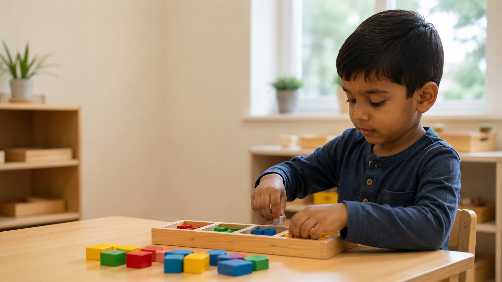 A young child fully absorbed in sorting colorful wooden blocks during an ABA therapy session.