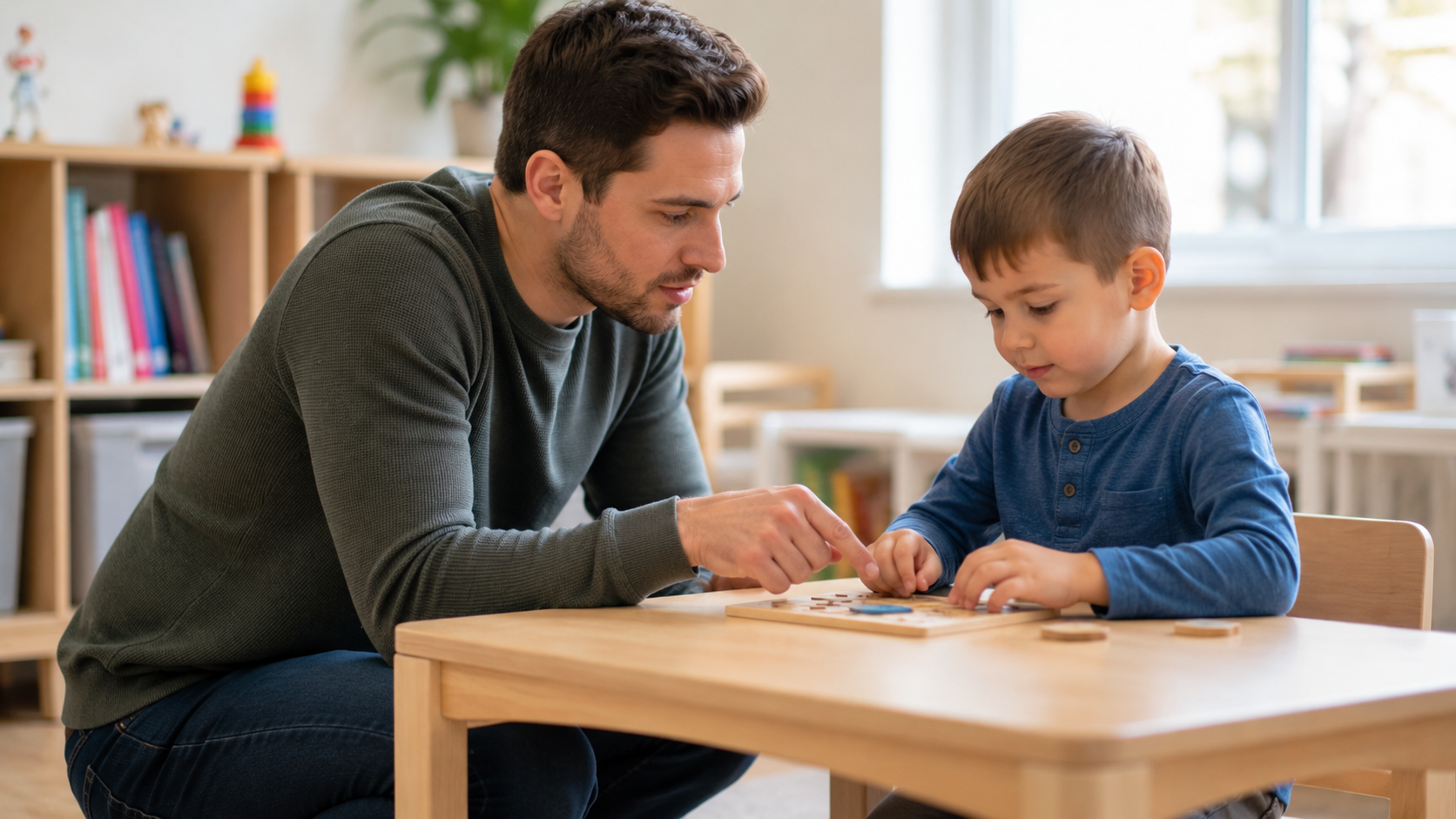 A clinician and child working together on a hands-on puzzle activity.