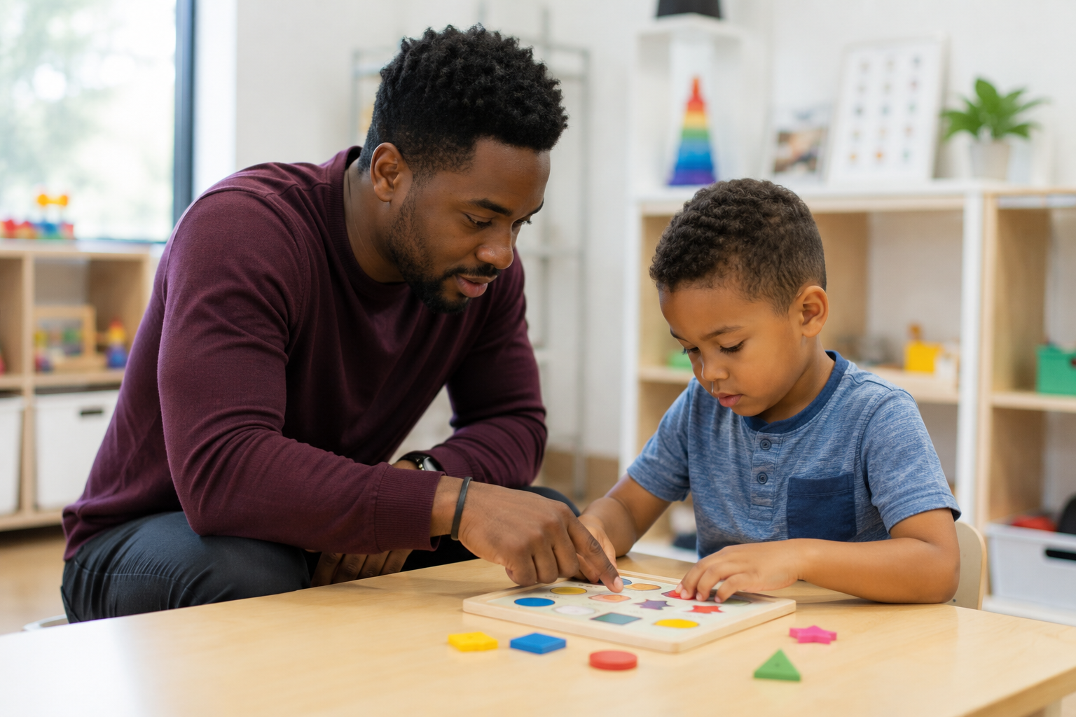A behavior technician and child working at a learning table in our Emeryville center.