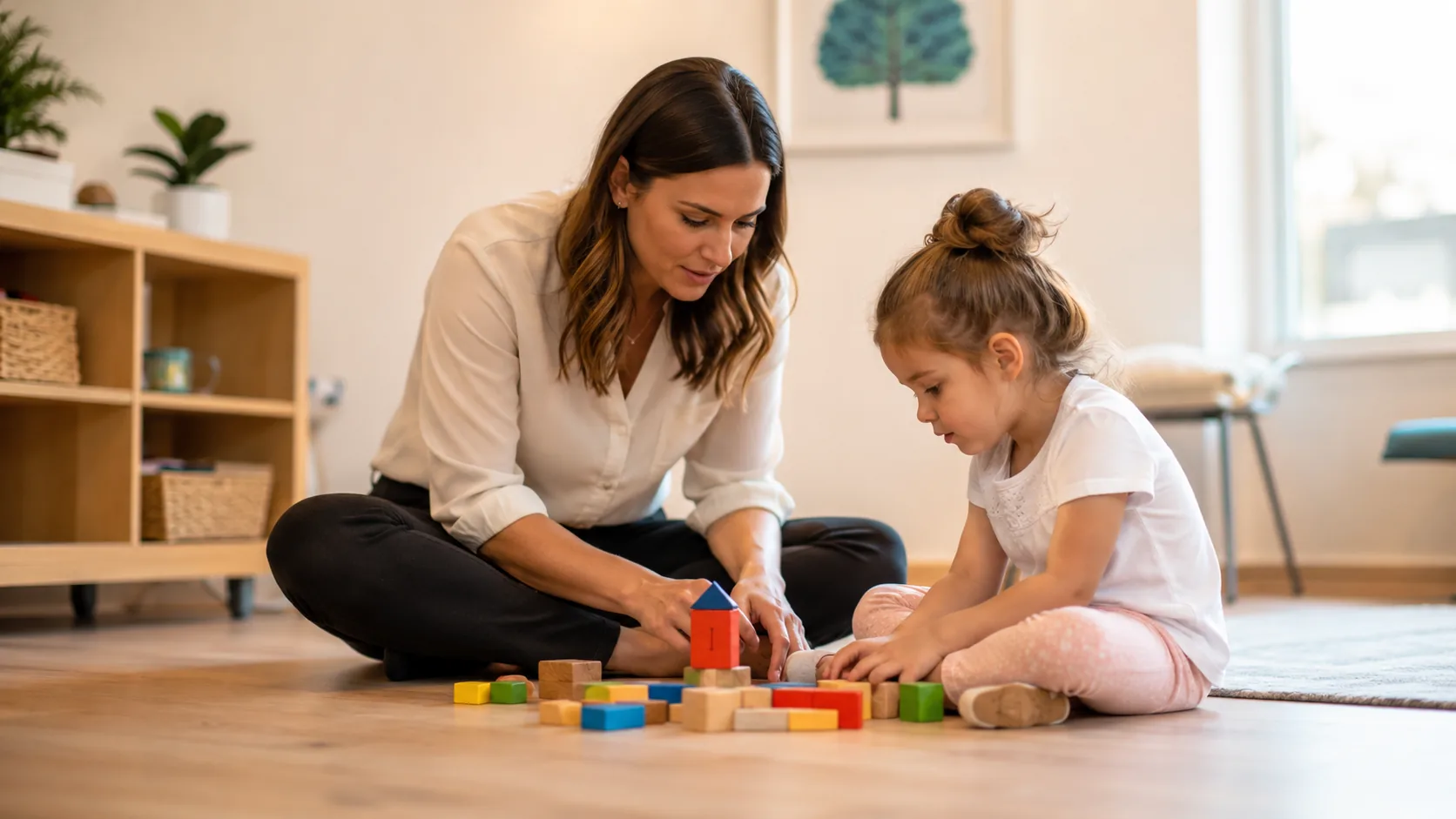 A therapist and a young child building with wooden blocks together during an ABA session.
