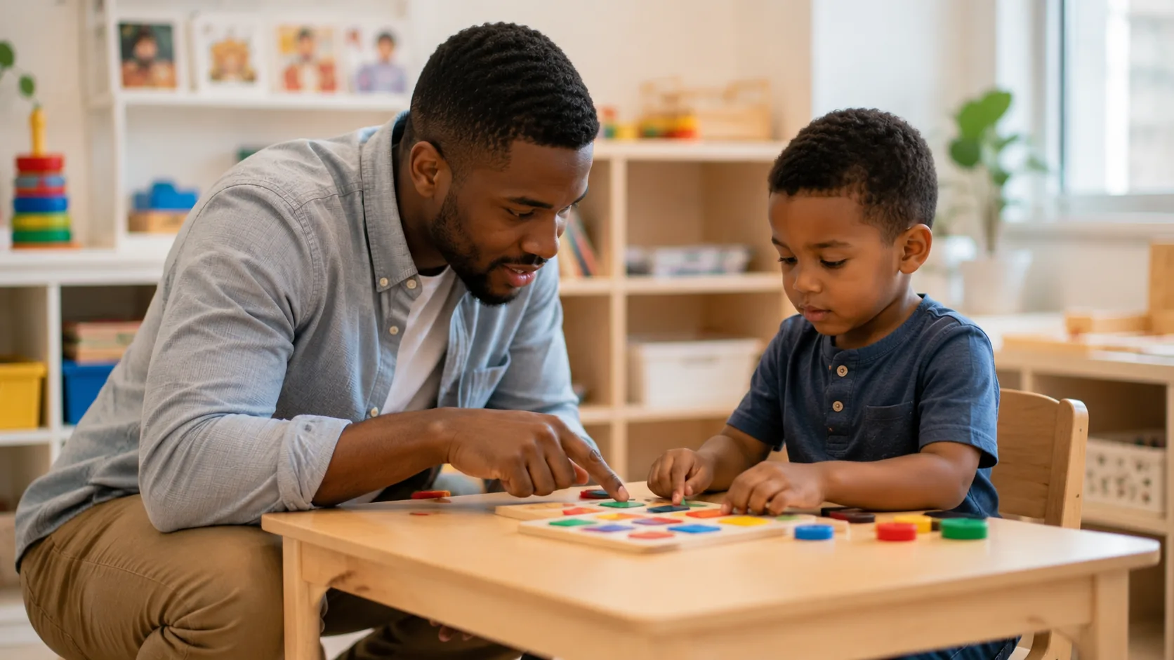 A behavior technician guiding a young child through a wooden shape-matching activity.