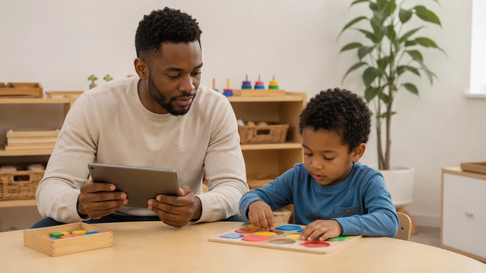 A BCBA collecting session data on a laptop while a child works on an activity during individualized ABA therapy.
