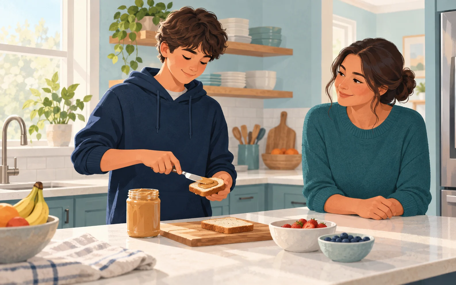 A teenager practices an everyday living skill in a home setting.