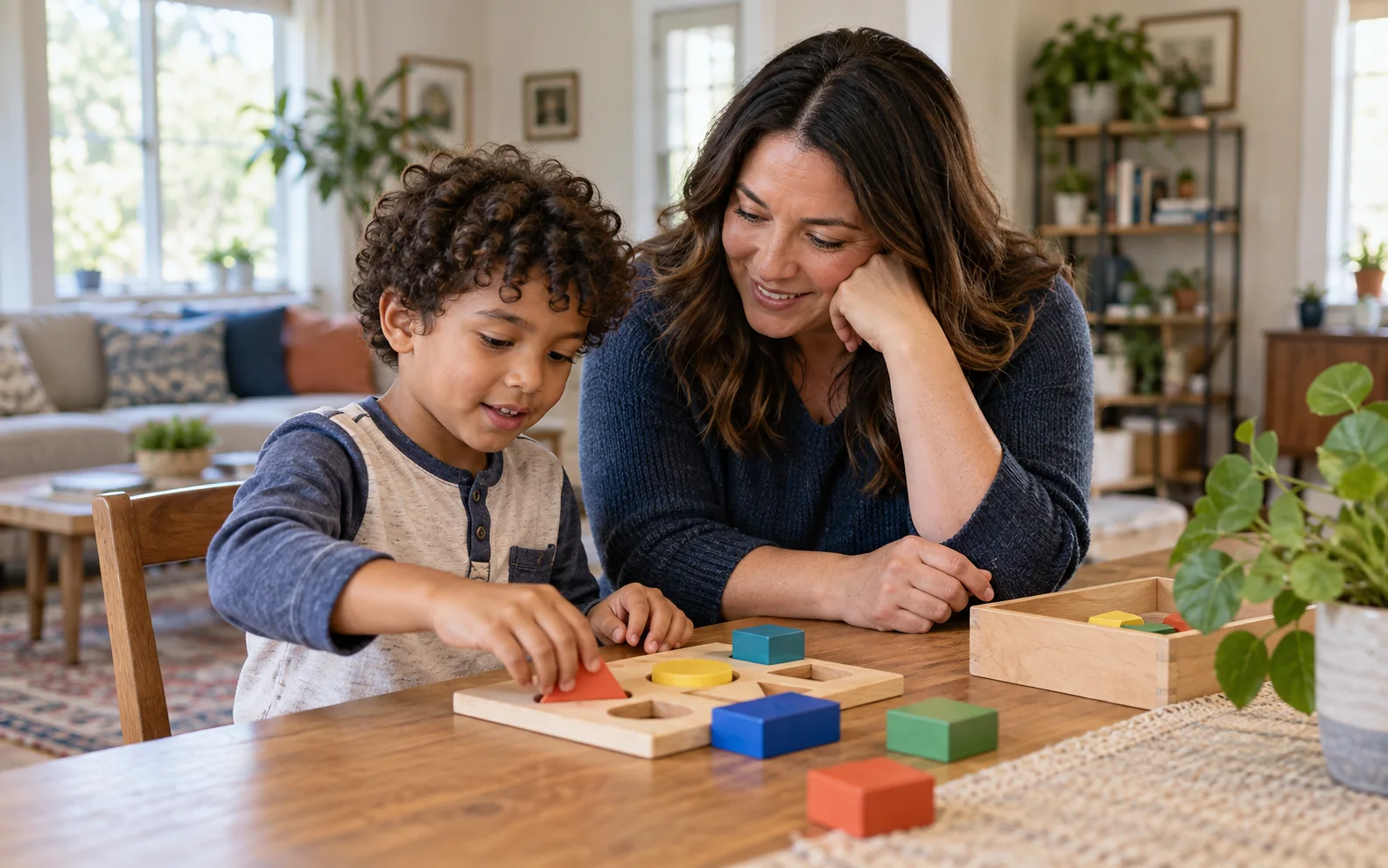 Illustrative AI-generated scene of a child and adult sorting wooden shapes together at home.