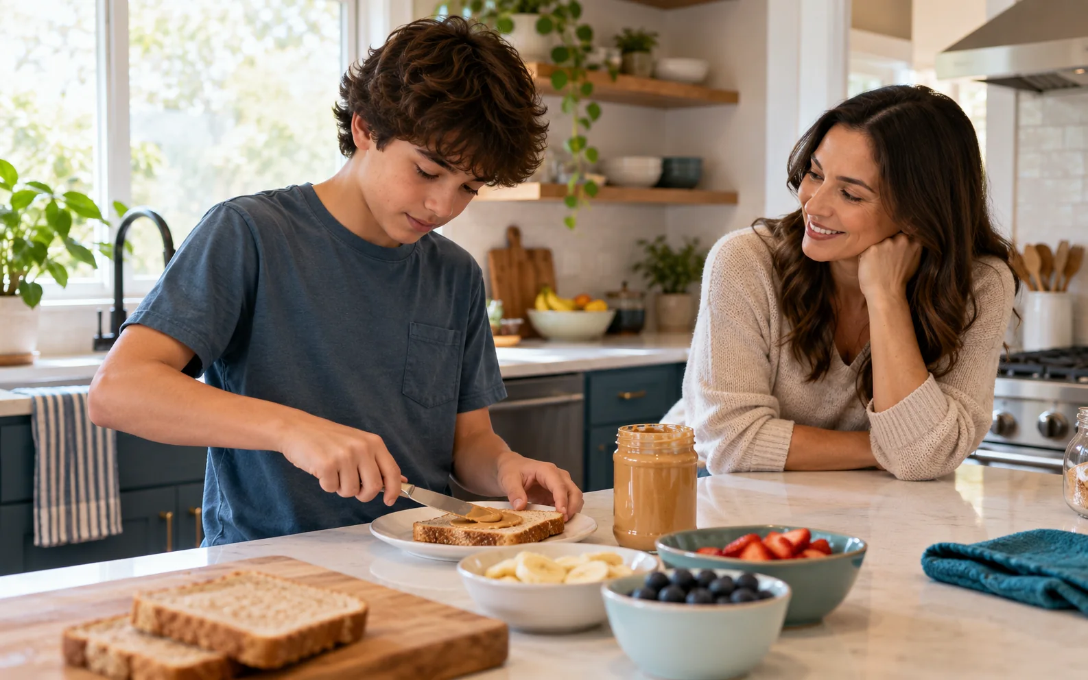 Illustrative AI-generated scene of a teenager preparing a snack while an adult looks on.