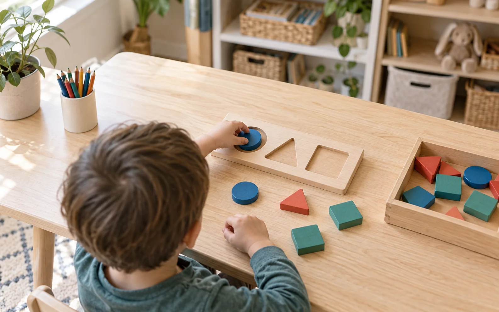 Illustrative AI-generated scene of a child sorting wooden shapes in a generic learning room.