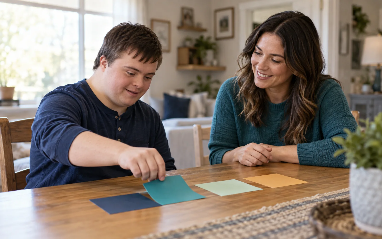 Illustrative AI-generated scene of a young adult choosing activity cards with a family member at home.