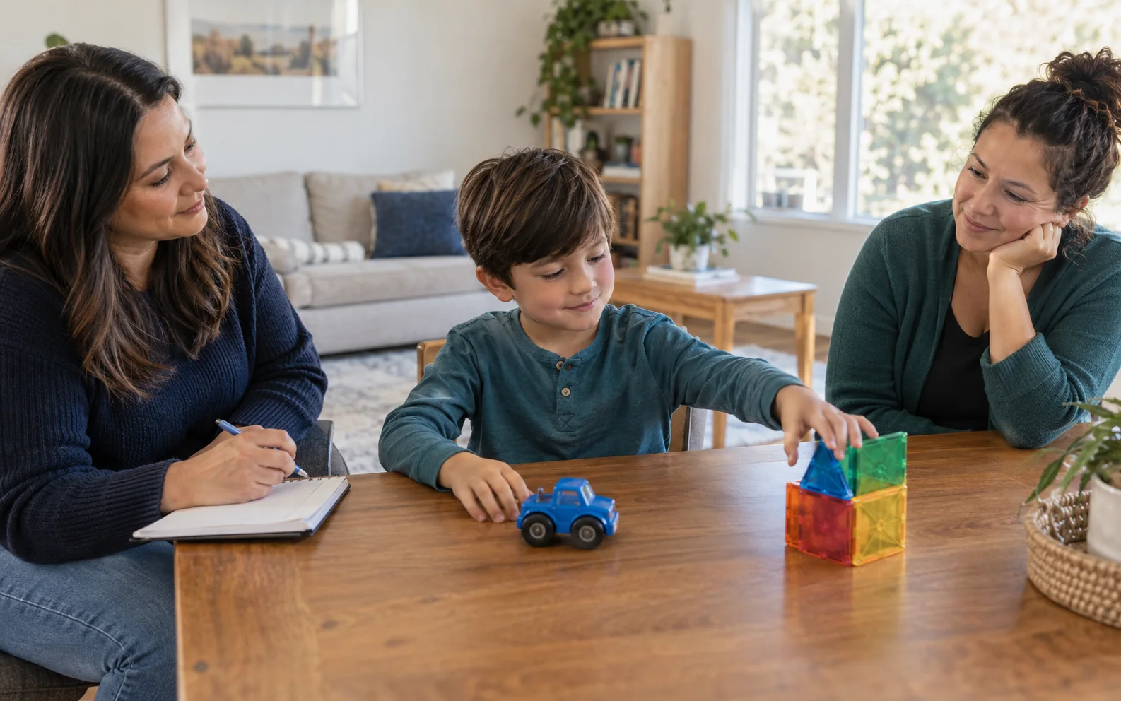 A child choosing play materials during an assessment conversation with adults.