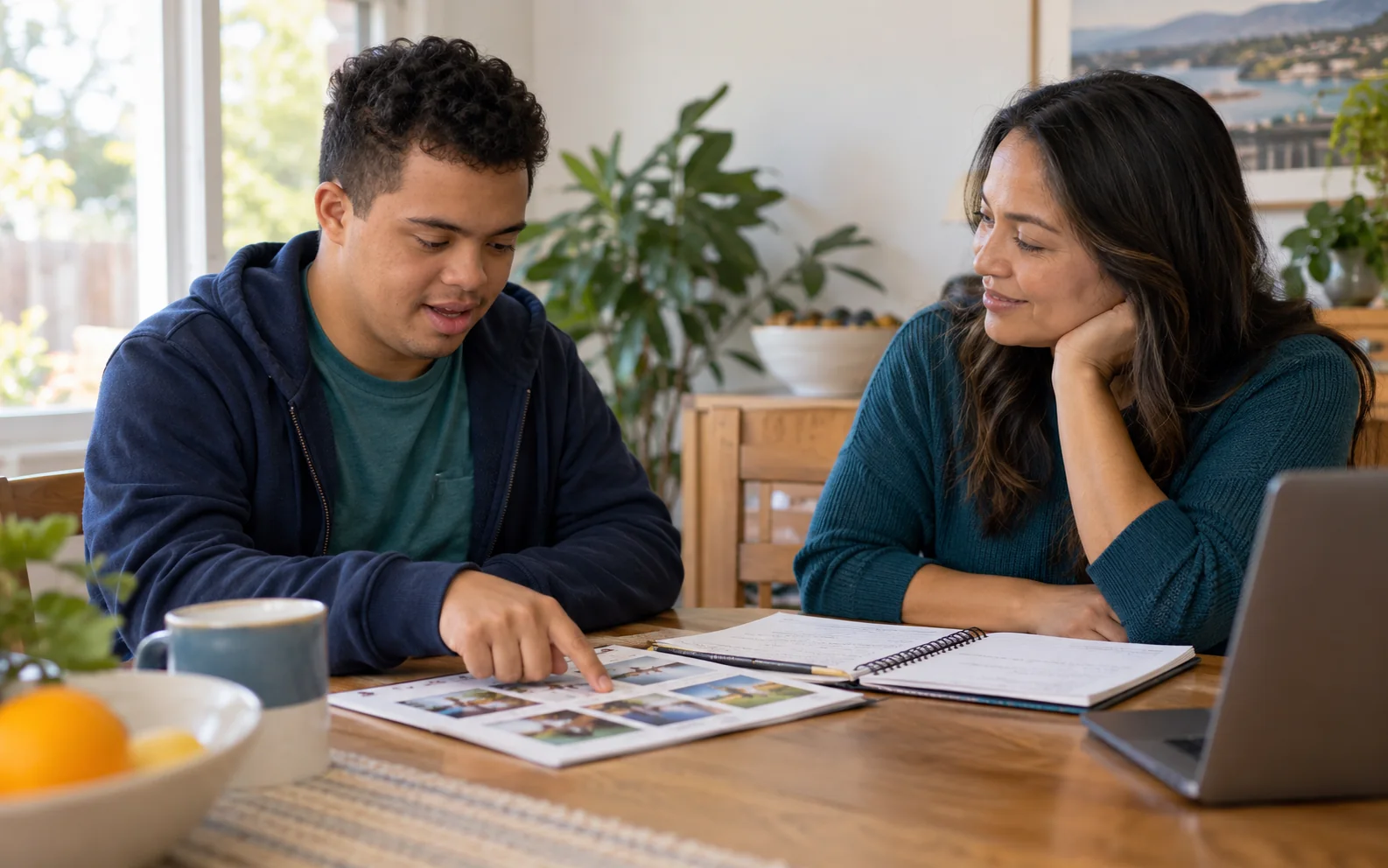A young adult organizes plans and daily responsibilities with support.