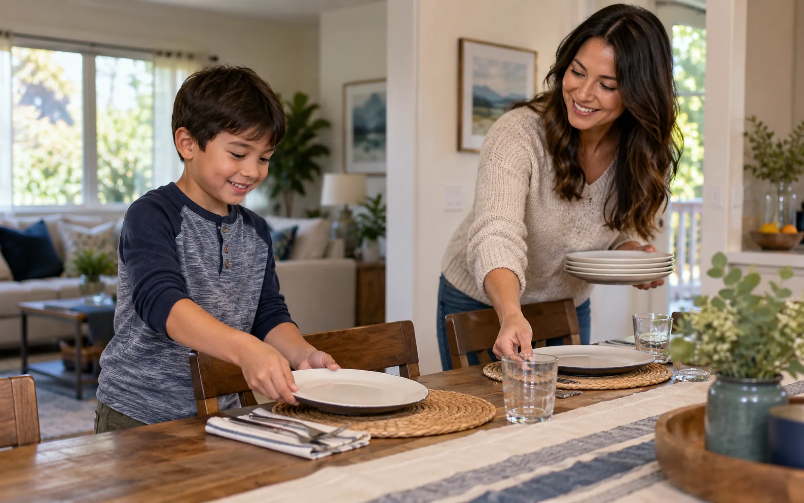 Illustrative AI-generated scene of a child and caregiver setting a dining table together at home.
