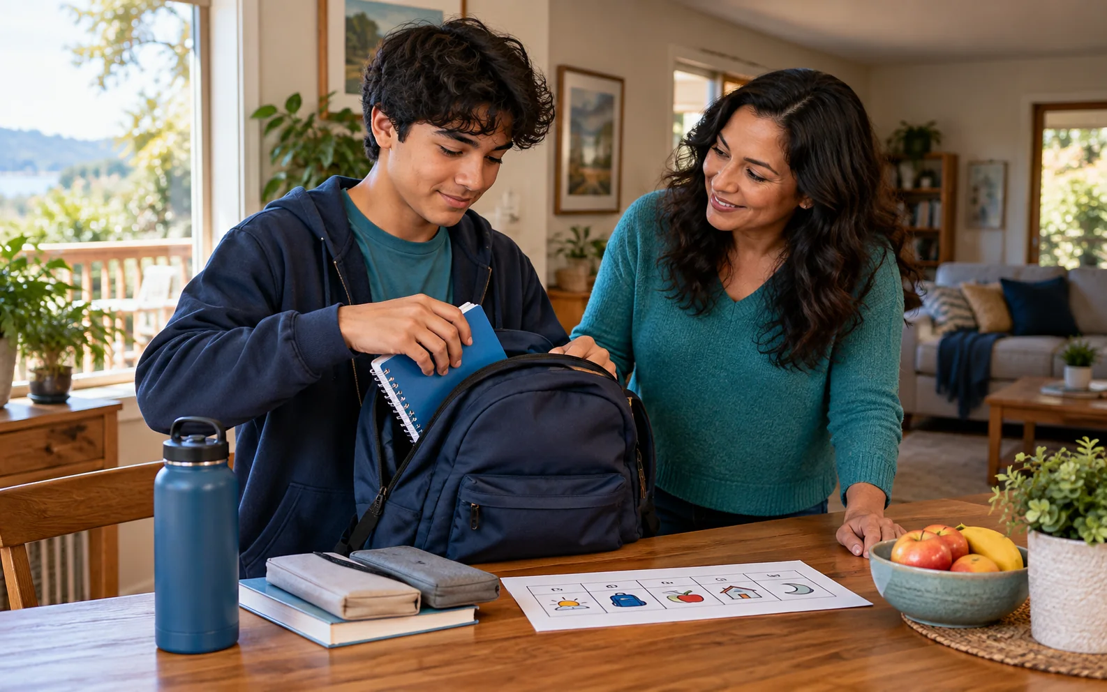 Illustrative AI-generated scene of a teenager preparing a backpack and daily routine with a supportive adult at home.