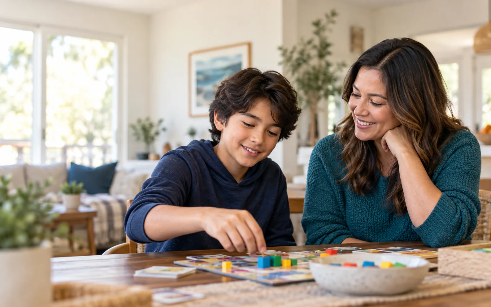 Illustrative AI-generated scene of a preteen and caregiver playing a board game together at home.