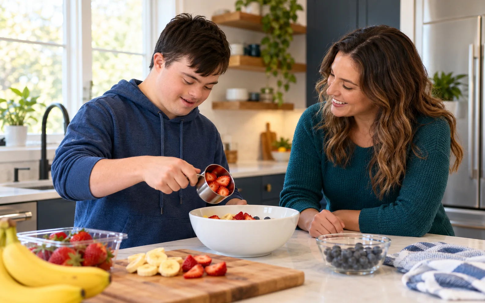 Illustrative AI-generated scene of a young adult preparing fruit with a caregiver at home.