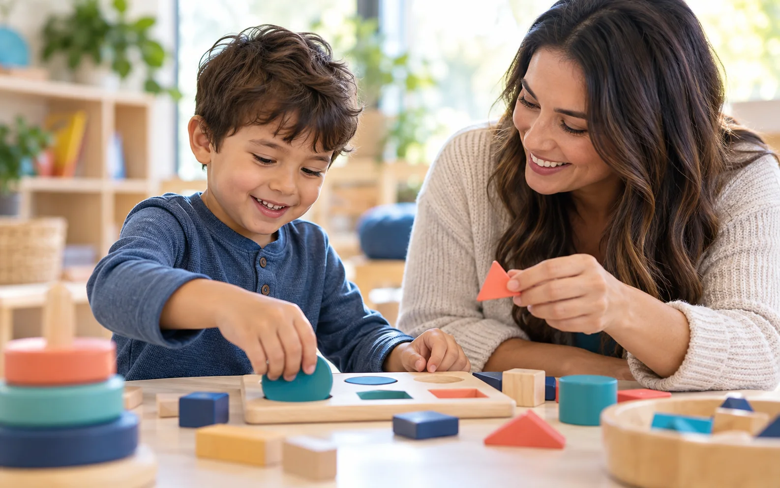 Illustrative AI-generated scene of a young child sorting shapes with an adult in a generic learning space.