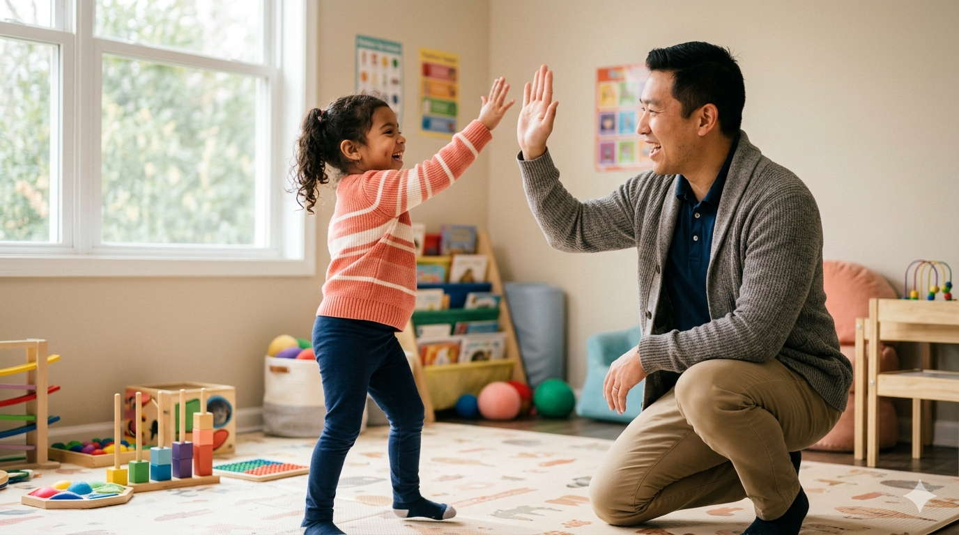 Young girl joyfully choosing a high-five with her therapist