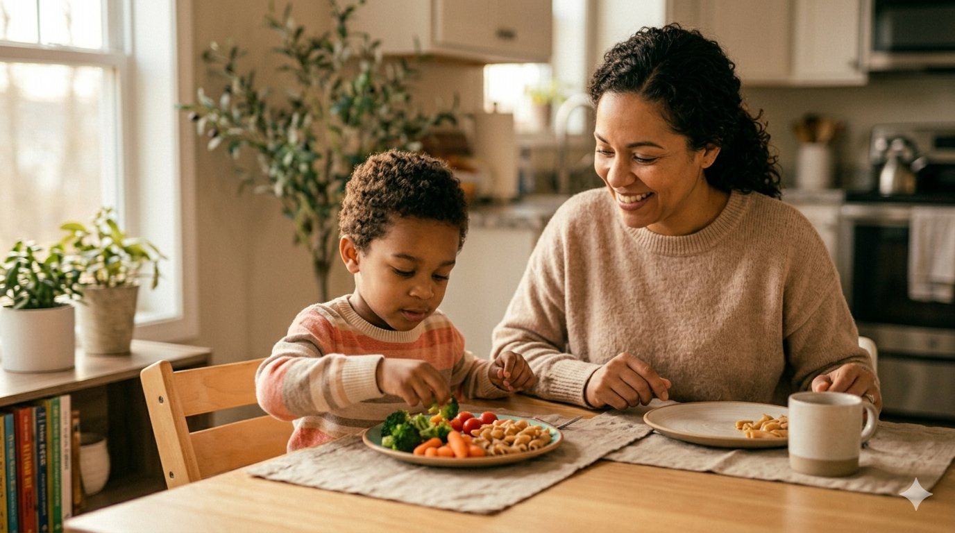 Parent and child enjoying a relaxed mealtime together