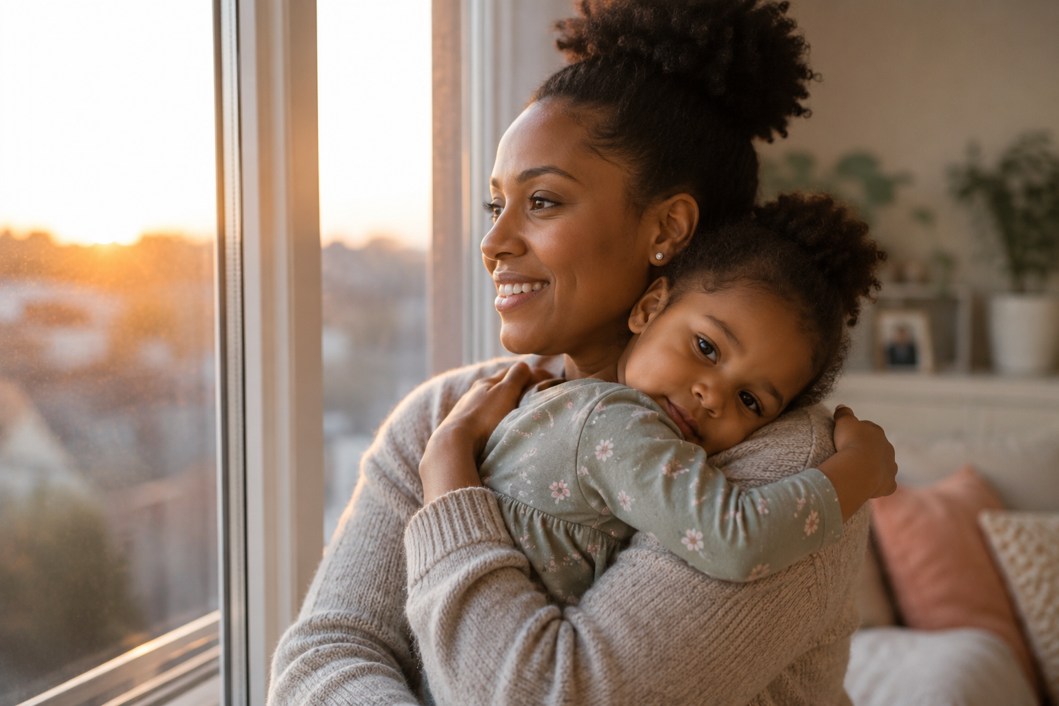 Mother holding her young daughter by a window in soft morning light