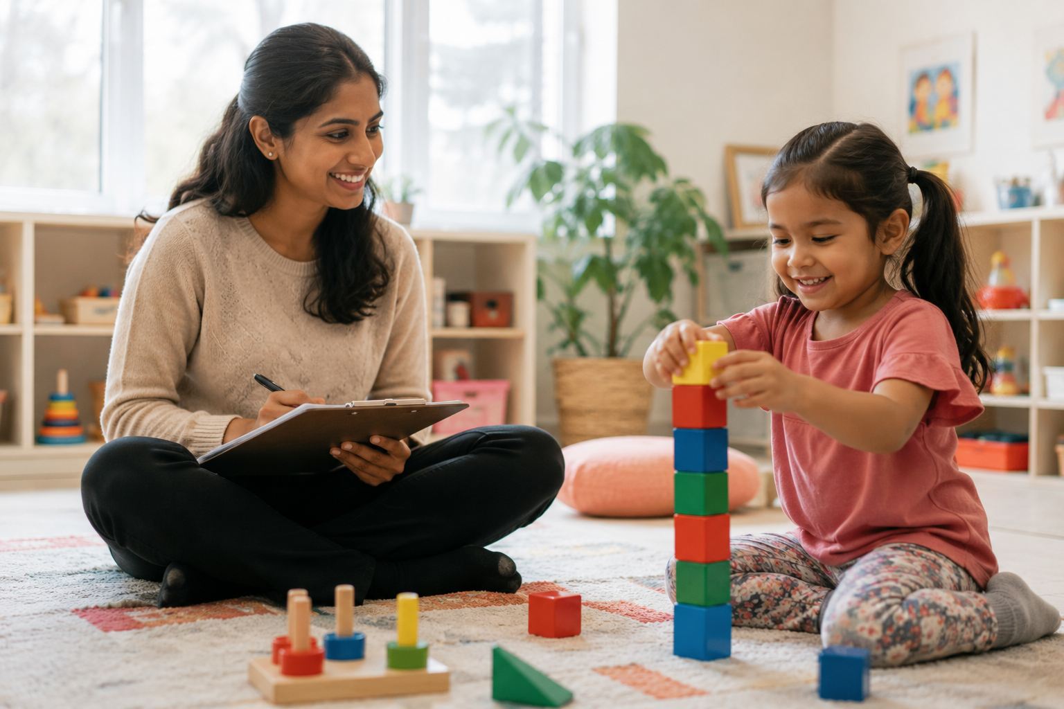 Clinician with clipboard observing a child happily stacking blocks during a play-based assessment