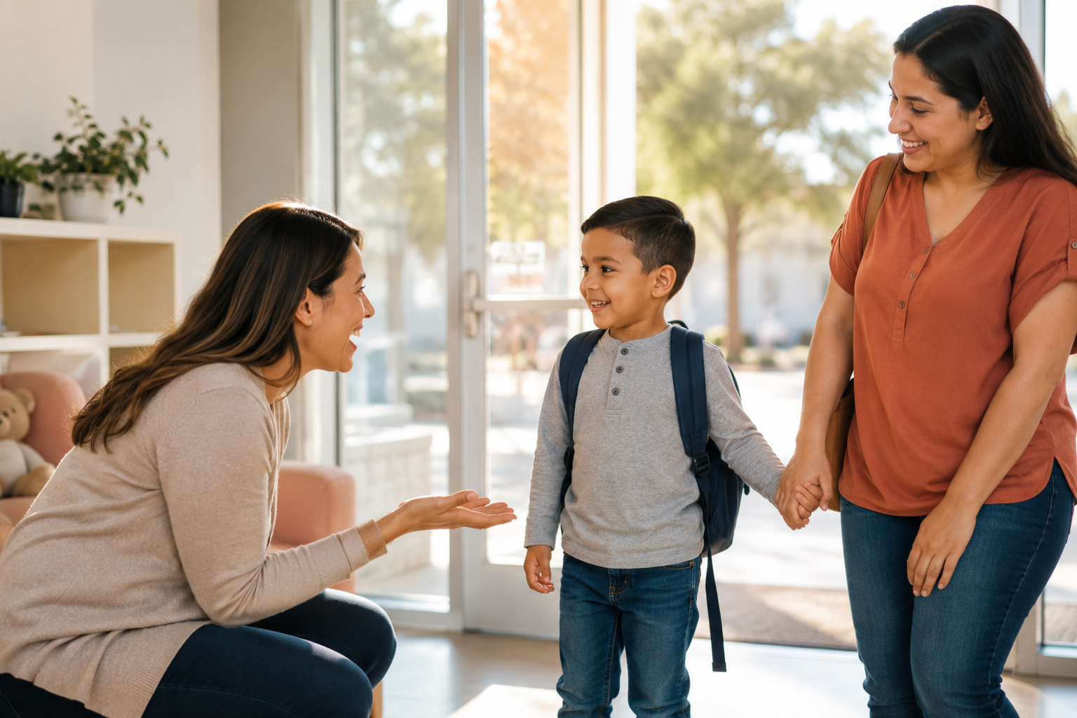 Therapist kneeling to greet a young boy arriving with his mother at the therapy center door