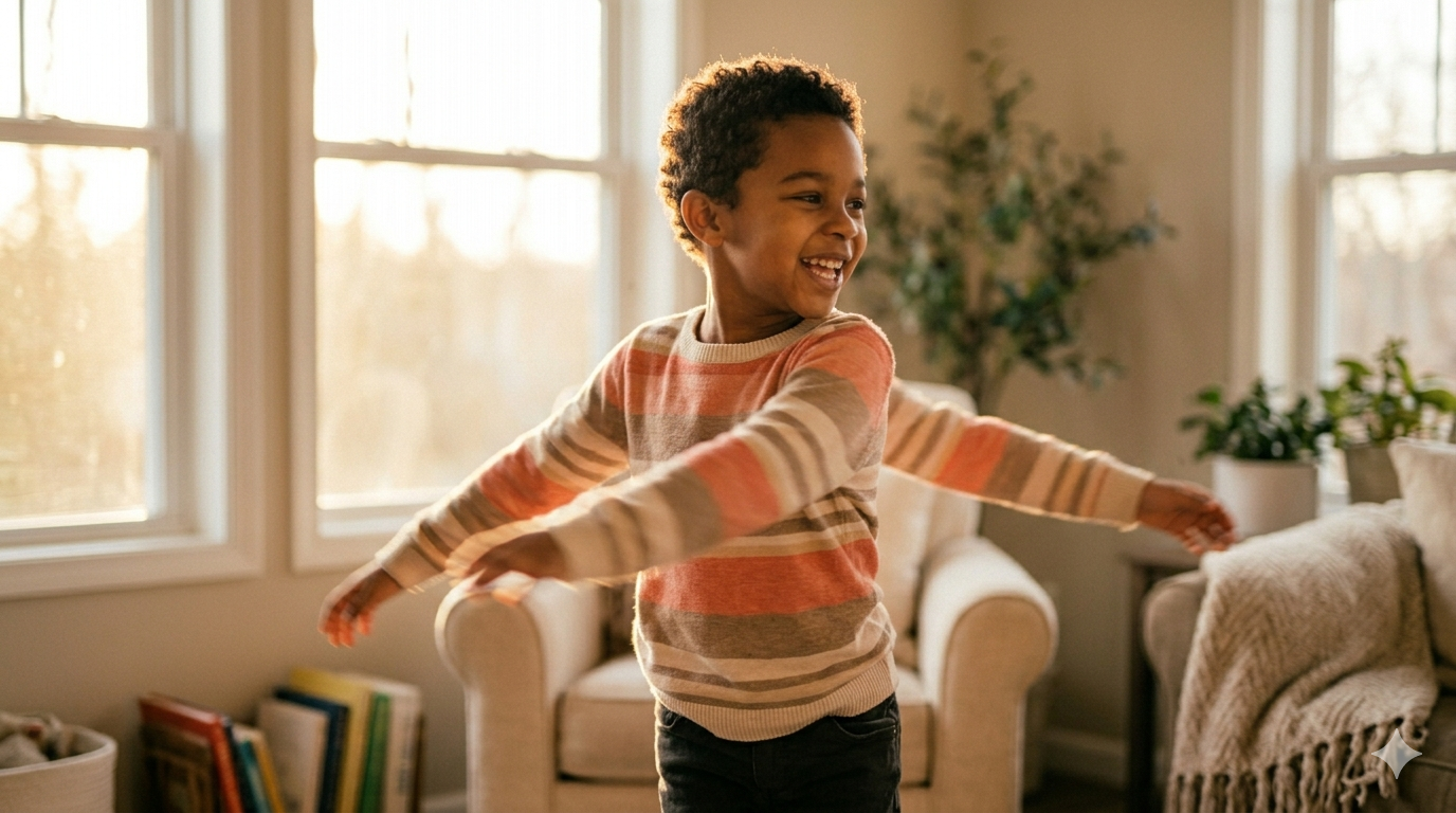Joyful boy spinning with arms outstretched in warm sunlight