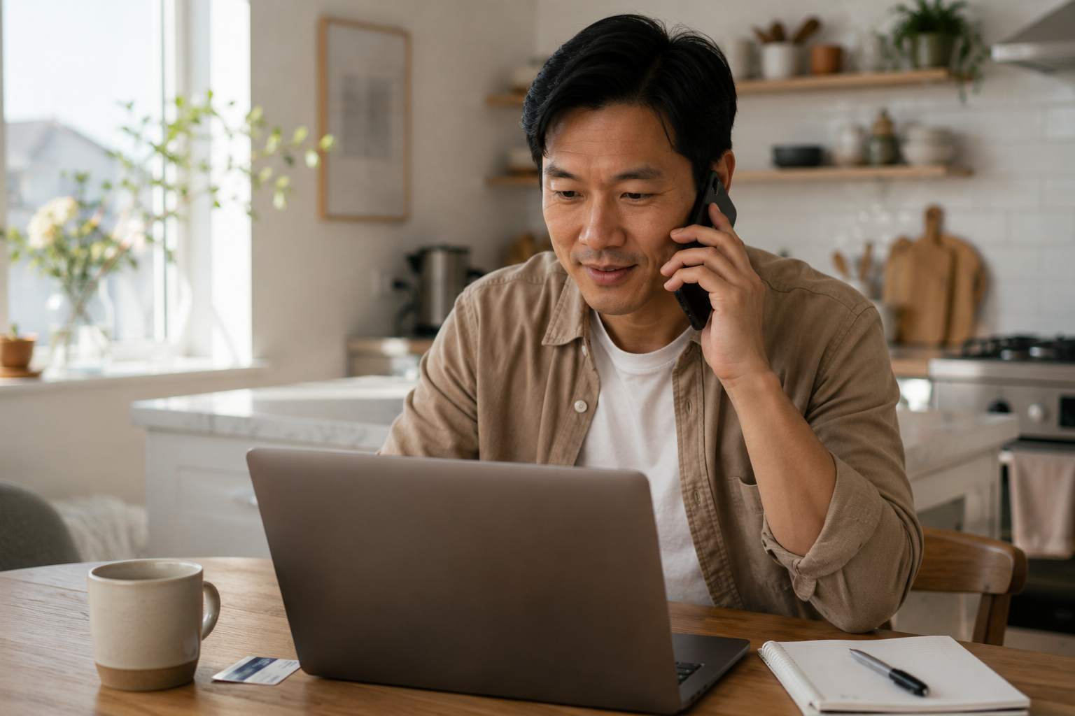 Father at the kitchen table on the phone with laptop and insurance card