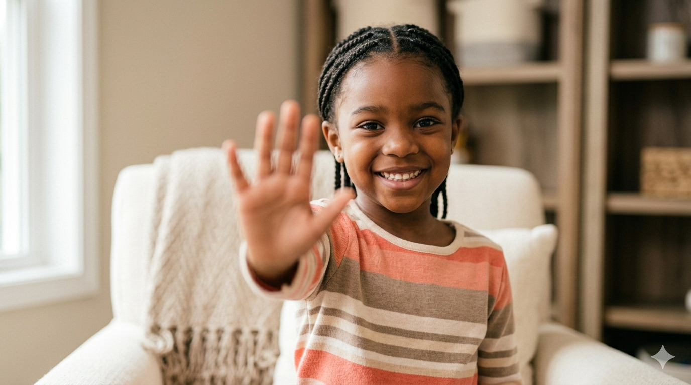 Confident smiling girl holding up her palm in a playful stop gesture