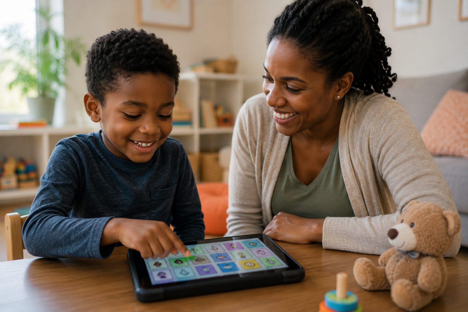 Child using an AAC tablet to communicate while his caregiver smiles beside him