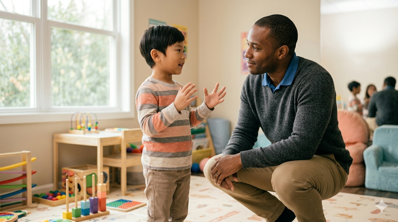 Therapist crouching to a young boy's eye level, listening as the boy tells him something