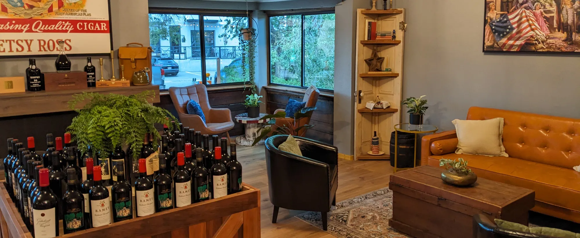 The view guest see when they enter into the Liberty Lounge of The Betsy. Comfy seating, warm atmosphere and unique wines.