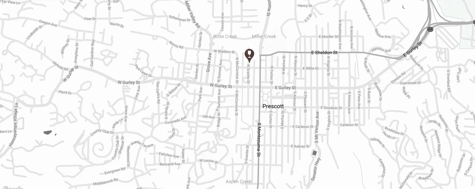 Map showing The Betsy Wine Bar at 211 N. Granite Street in downtown Prescott, Arizona.