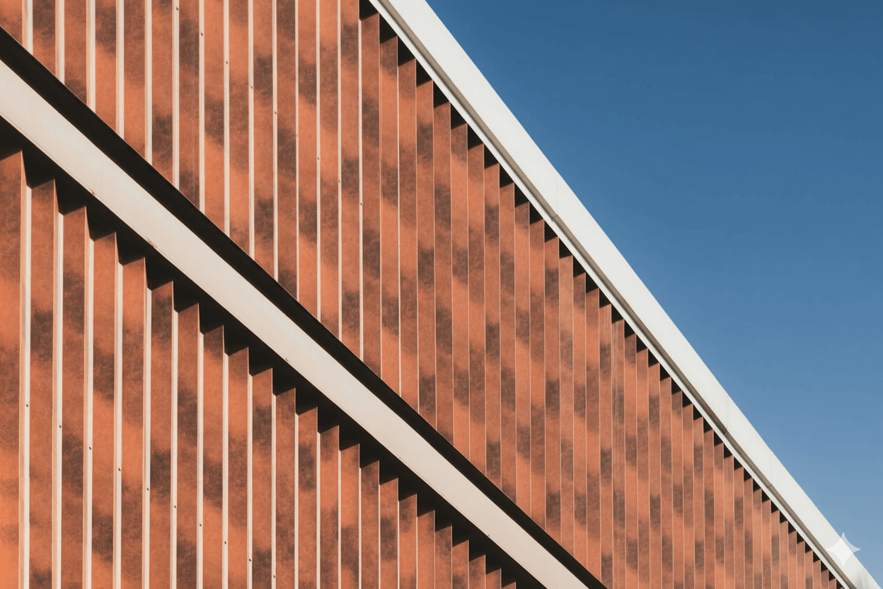 Close-up of a modern architectural facade with vertical orange panels and white diagonal lines against a clear blue sky.