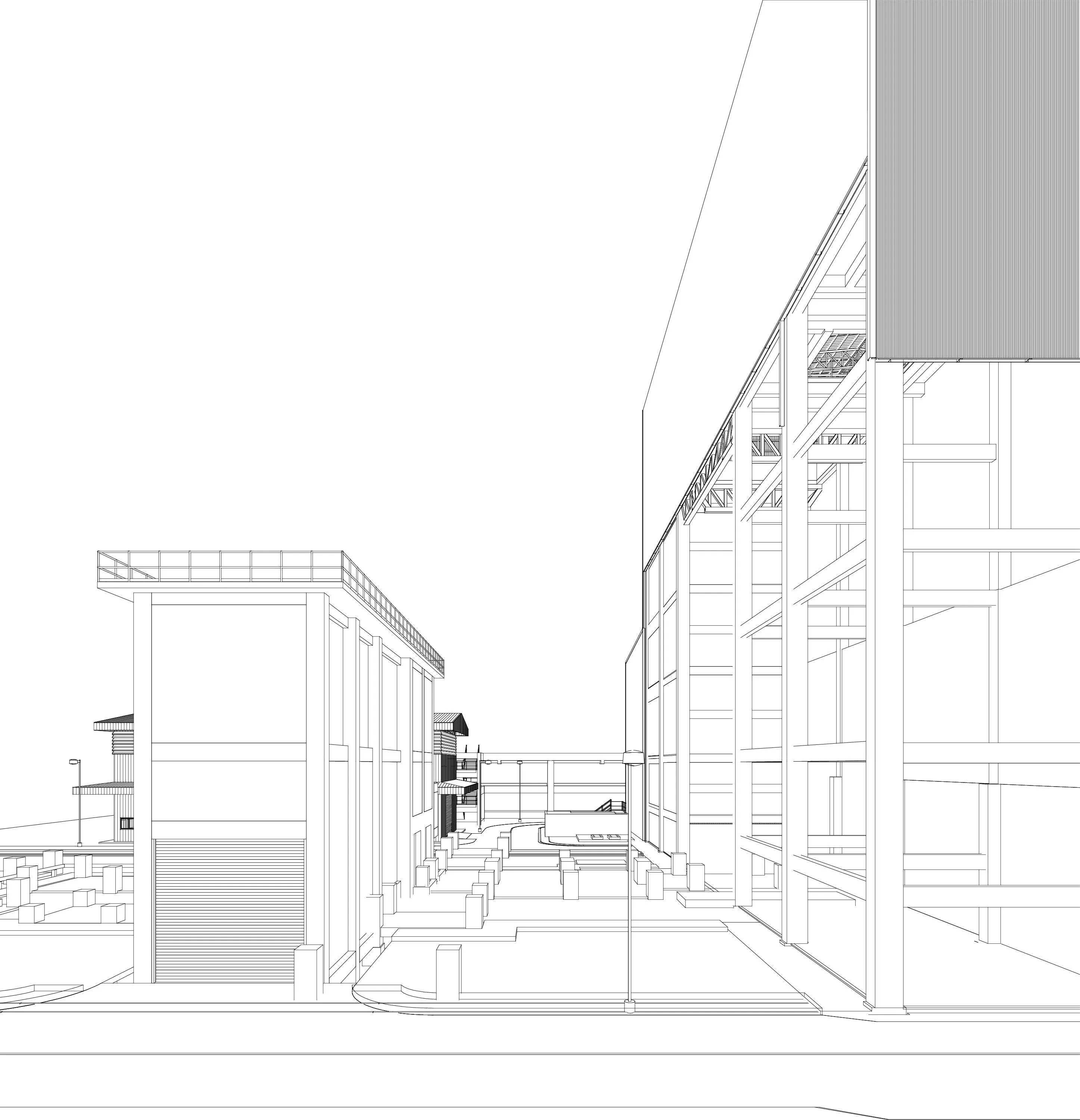 Architectural wireframe drawing of modern industrial buildings with structural beams and parking spaces.