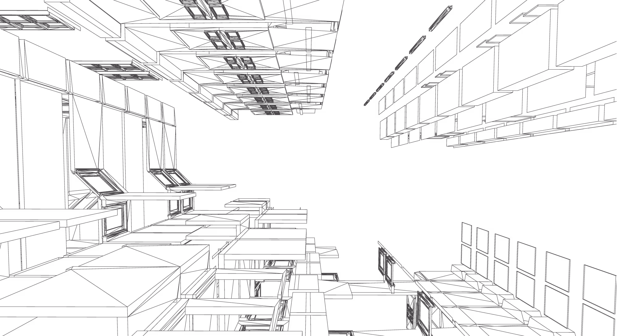Architectural wireframe drawing of modern industrial buildings with structural beams and parking spaces.