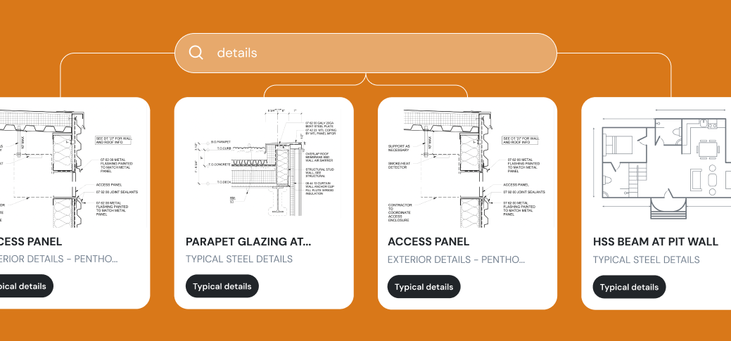 Modern building corner with an orange upper section featuring large windows against a blue sky with some tree branches.
