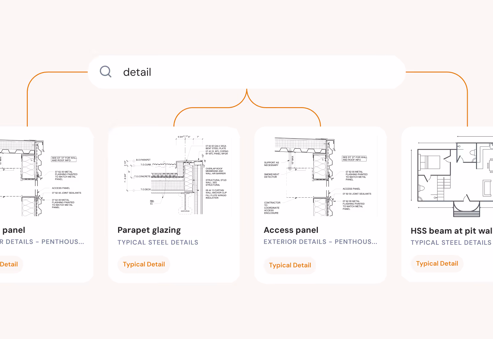 Search interface showing architectural detail thumbnails labeled Parapet glazing, Access panel, and HSS beam at pit wall.