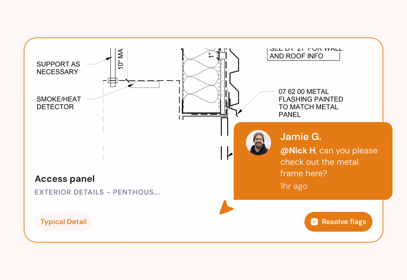 Architectural drawing labeled 'Access panel' with a comment from Jamie G. requesting Nick H to check the metal frame, alongside a button labeled 'Resolve flags'.